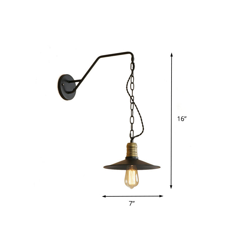 Frendorf | 1 Glühbirne Wand hängen Licht mit flachem Schirm und Kette Metall Vintage Stil Wohnzimmer Wandleuchte Beleuchtung in Schwarz, 7"/10" B