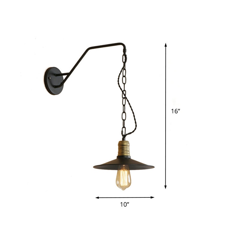 Frendorf | 1 Glühbirne Wand hängen Licht mit flachem Schirm und Kette Metall Vintage Stil Wohnzimmer Wandleuchte Beleuchtung in Schwarz, 7"/10" B