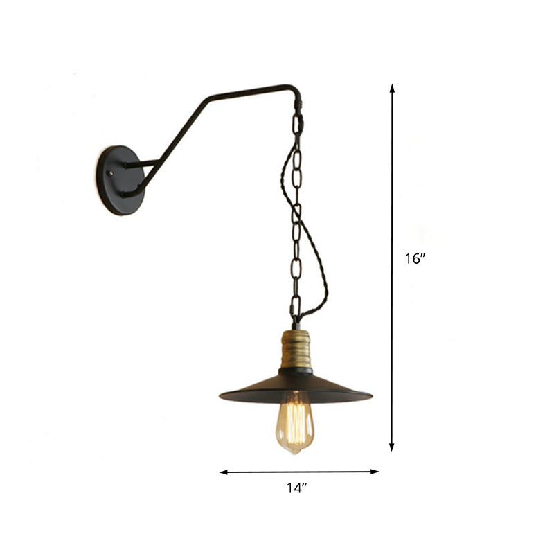 Frendorf | 1 Glühbirne Wand hängen Licht mit flachem Schirm und Kette Metall Vintage Stil Wohnzimmer Wandleuchte Beleuchtung in Schwarz, 7"/10" B