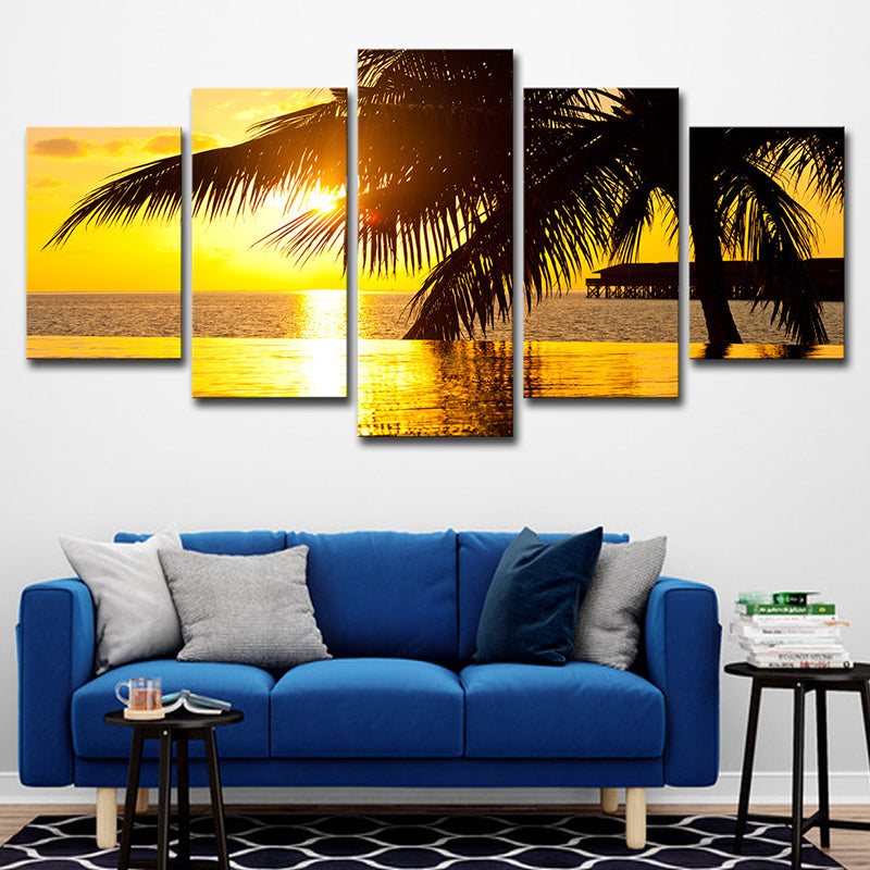Gelbe Tropix-Leinwandkunst Sonnenuntergang Seascape mit Kokosnussbaum Druck Wanddekoration für Zuhause