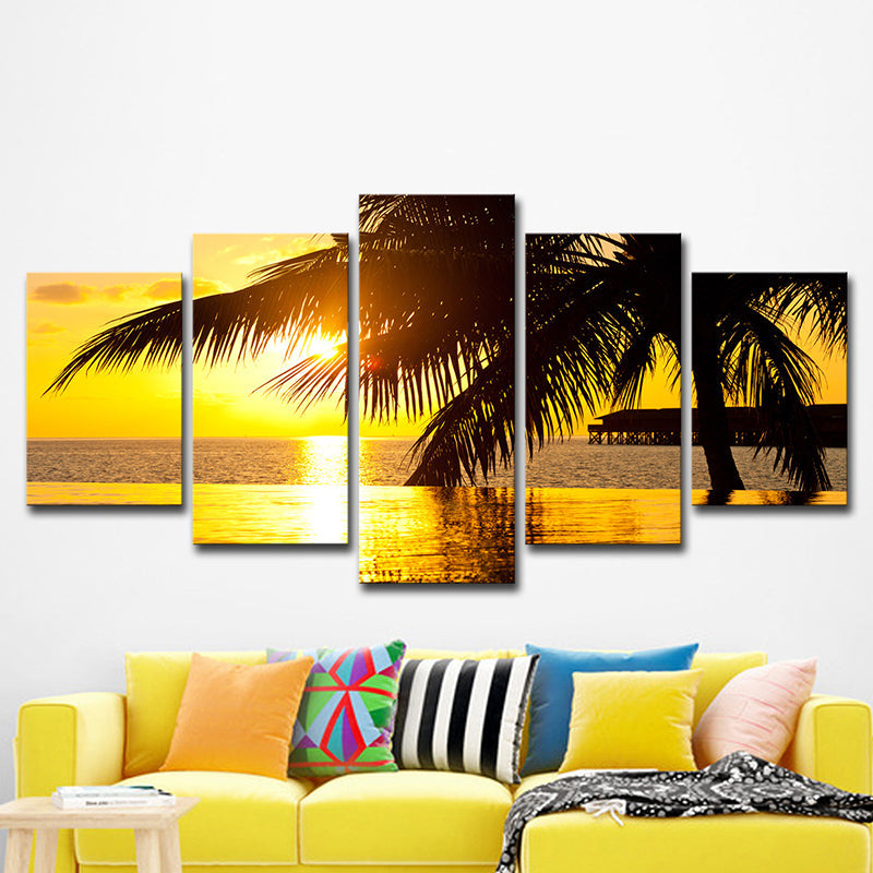 Gelbe Tropix-Leinwandkunst Sonnenuntergang Seascape mit Kokosnussbaum Druck Wanddekoration für Zuhause