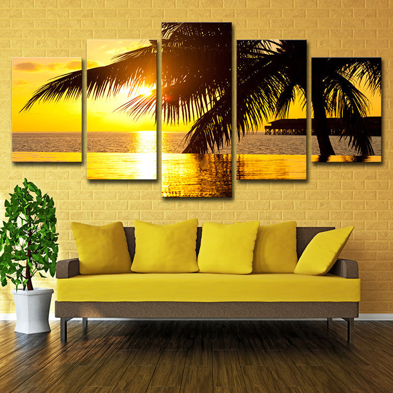 Gelbe Tropix-Leinwandkunst Sonnenuntergang Seascape mit Kokosnussbaum Druck Wanddekoration für Zuhause