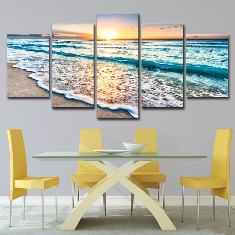 Frendorf | Sonnenuntergang Strand Welle Kunstdruck Ozean-Blau Leinwand Wanddekoration für das Esszimmer, Mehrteilig