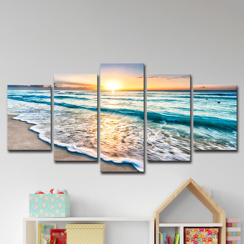 Frendorf | Sonnenuntergang Strand Welle Kunstdruck Ozean-Blau Leinwand Wanddekoration für das Esszimmer, Mehrteilig