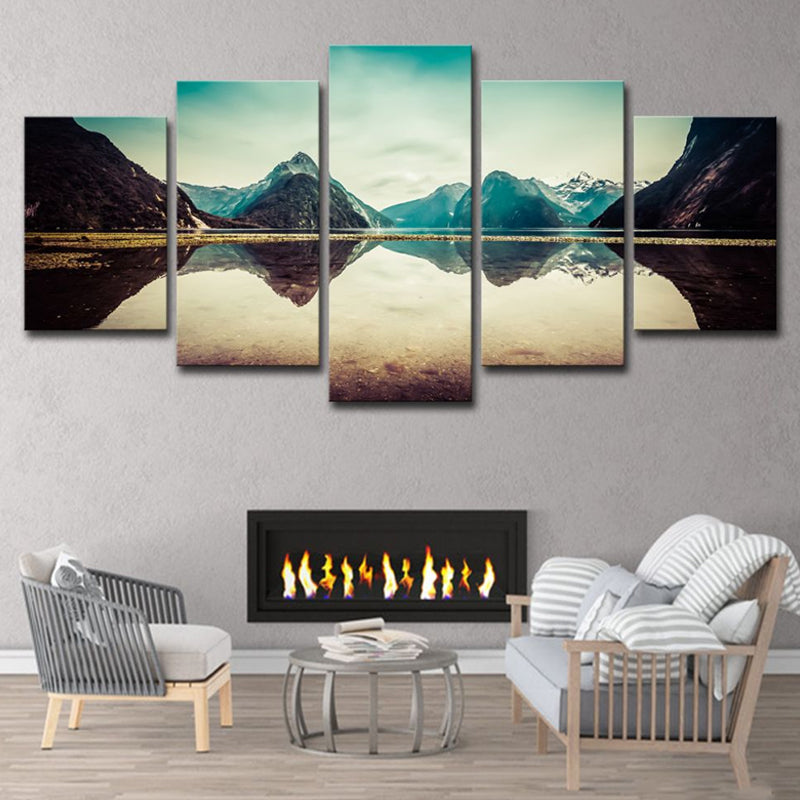 Frendorf | Mehrteilige Milford Sound Landschaft Kunstdruck zeitgenössische Leinwand Wanddeko in Hellblau