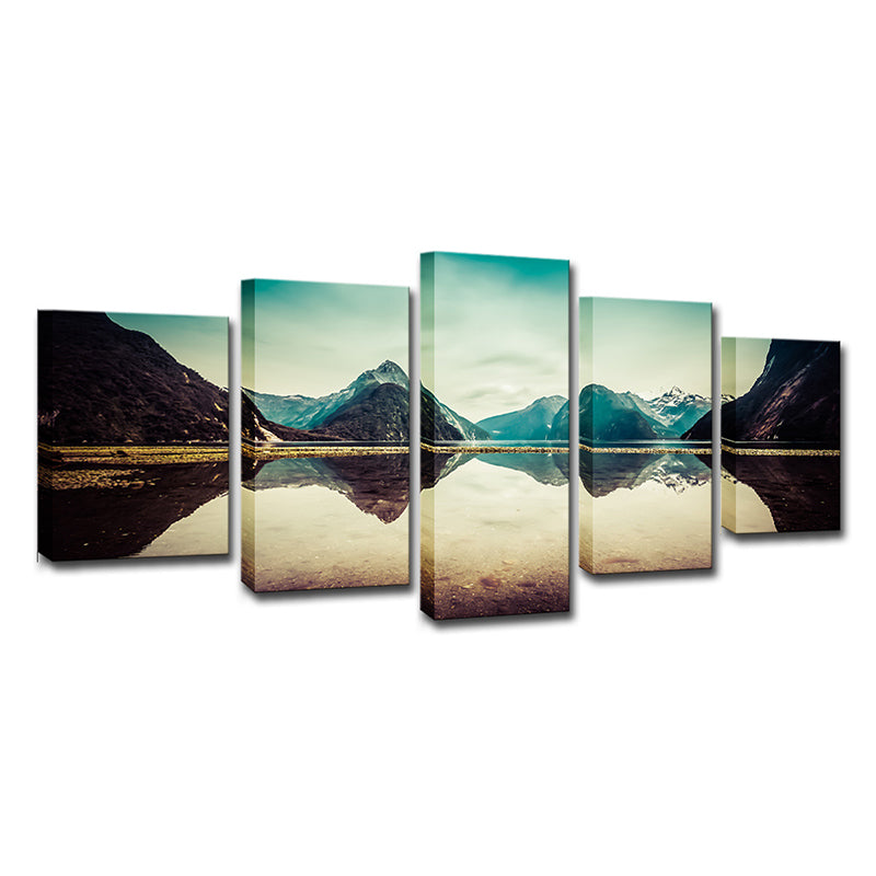 Frendorf | Mehrteilige Milford Sound Landschaft Kunstdruck zeitgenössische Leinwand Wanddeko in Hellblau