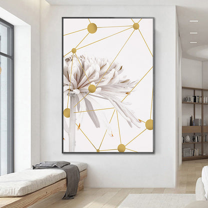 Frendorf | Modern Blooming Chrysanths Kunstdruck Weiß und Gold Geometrische Leinwand für das Wohnzimmer