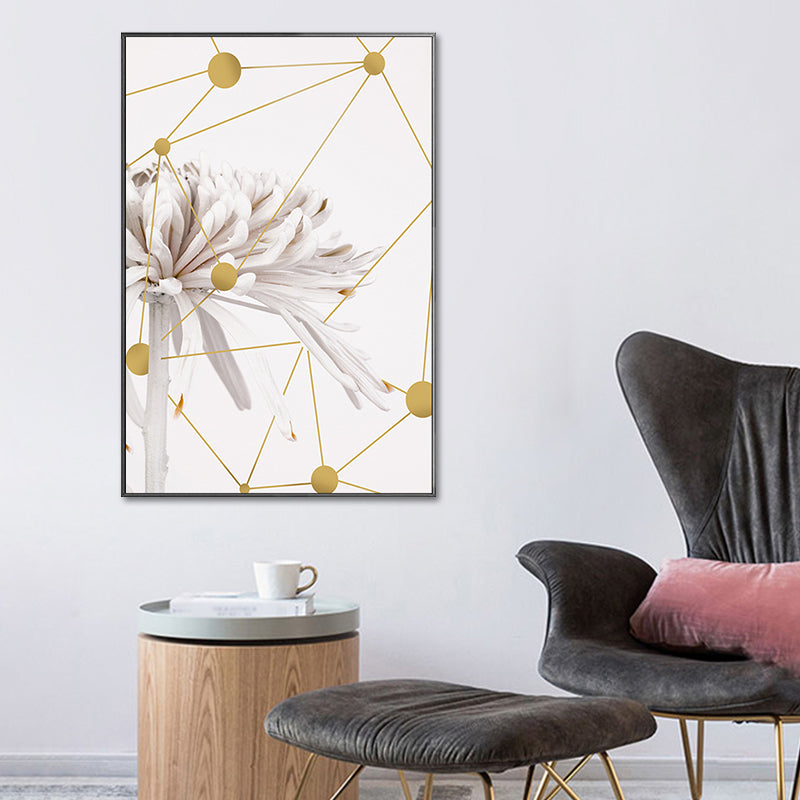 Frendorf | Modern Blooming Chrysanths Kunstdruck Weiß und Gold Geometrische Leinwand für das Wohnzimmer