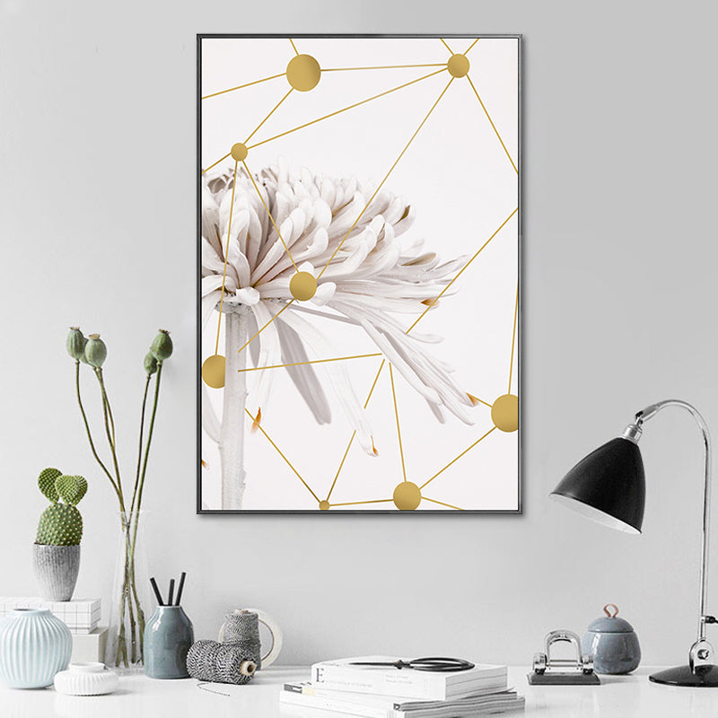 Frendorf | Modern Blooming Chrysanths Kunstdruck Weiß und Gold Geometrische Leinwand für das Wohnzimmer