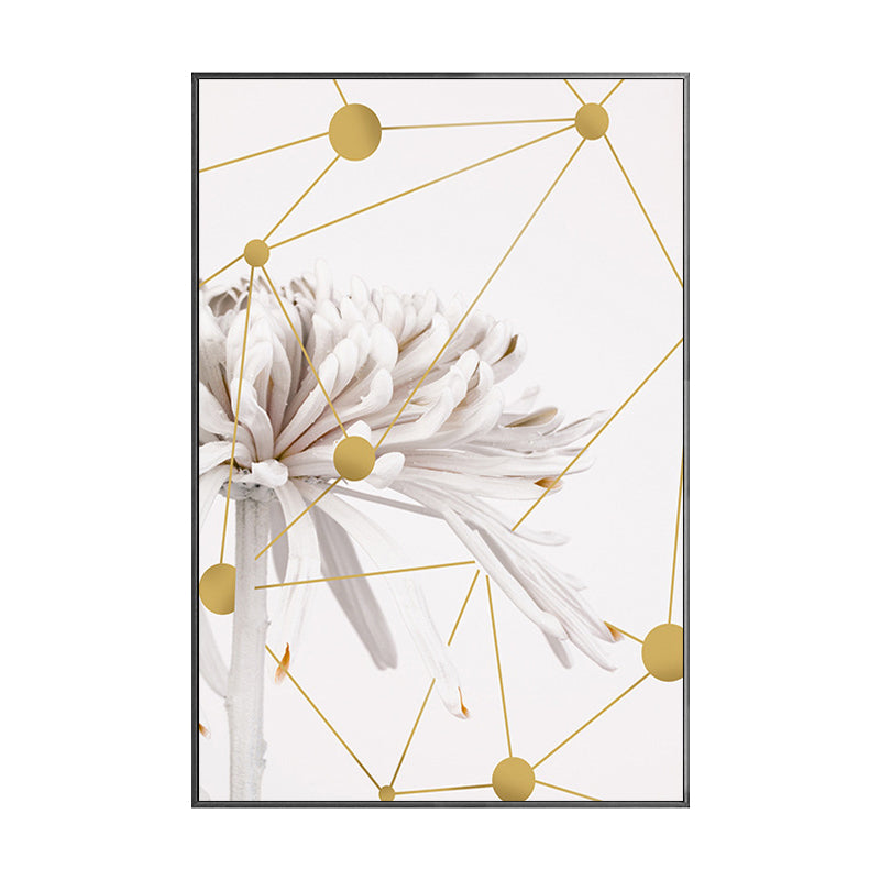 Frendorf | Modern Blooming Chrysanths Kunstdruck Weiß und Gold Geometrische Leinwand für das Wohnzimmer
