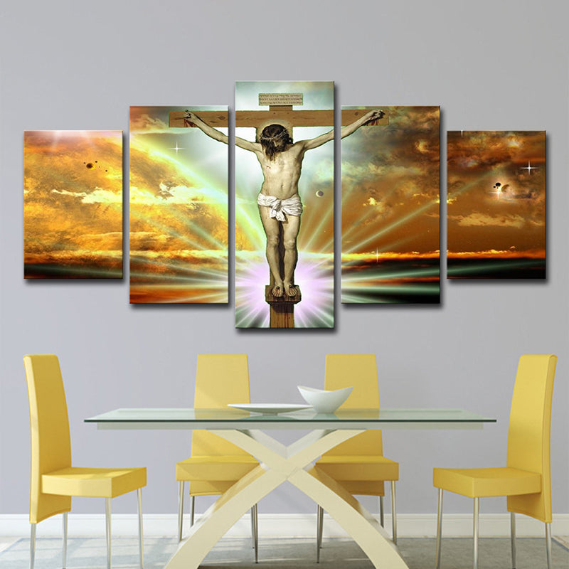 Frendorf | Religion Wandkunst Orange Leinwand die Kreuzigung und Tod von Jesus Gemälde, mehrere Teile