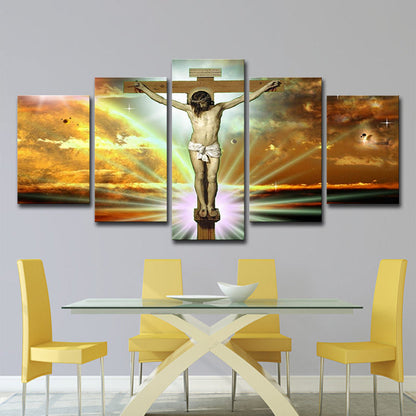 Frendorf | Religion Wandkunst Orange Leinwand die Kreuzigung und Tod von Jesus Gemälde, mehrere Teile