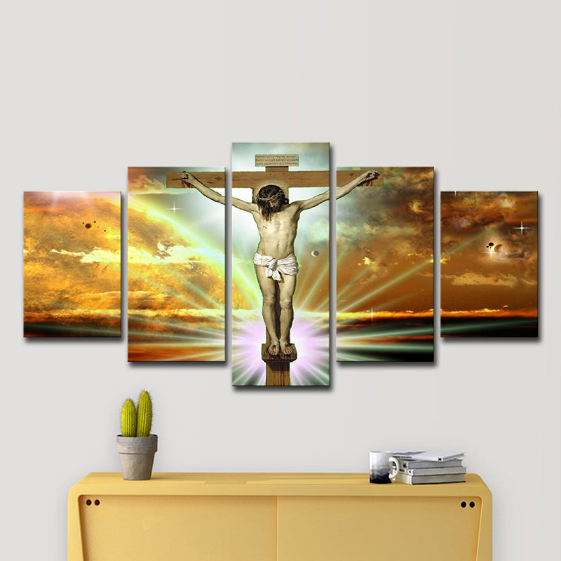 Frendorf | Religion Wandkunst Orange Leinwand die Kreuzigung und Tod von Jesus Gemälde, mehrere Teile