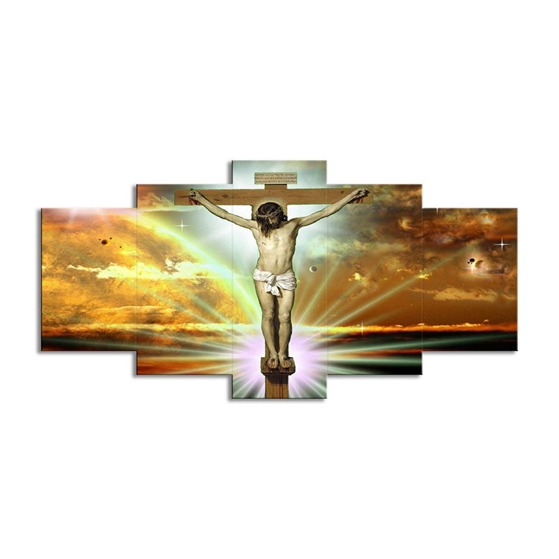 Frendorf | Religion Wandkunst Orange Leinwand die Kreuzigung und Tod von Jesus Gemälde, mehrere Teile