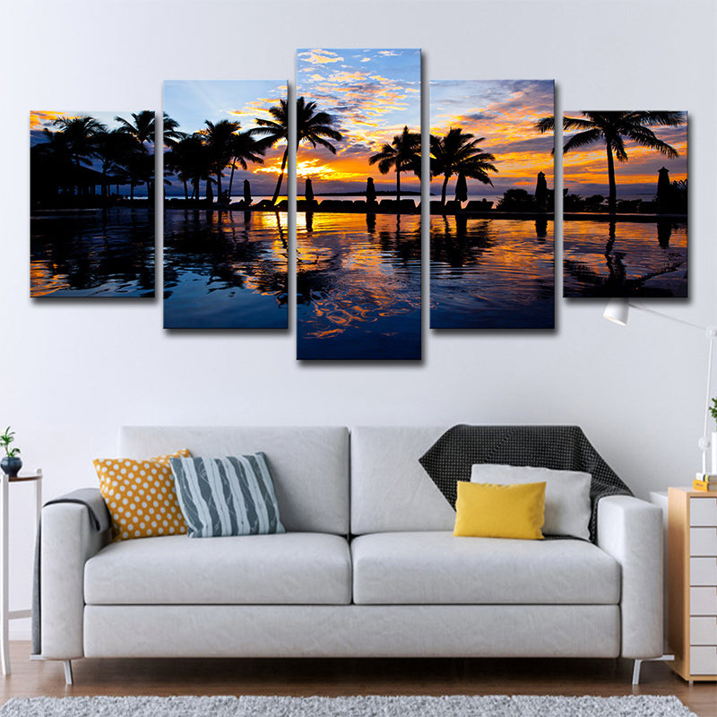 Frendorf | Tropix Sunset Glow Wanddekoration Druck in Orange Palme und Pool Leinwand für Zimmer