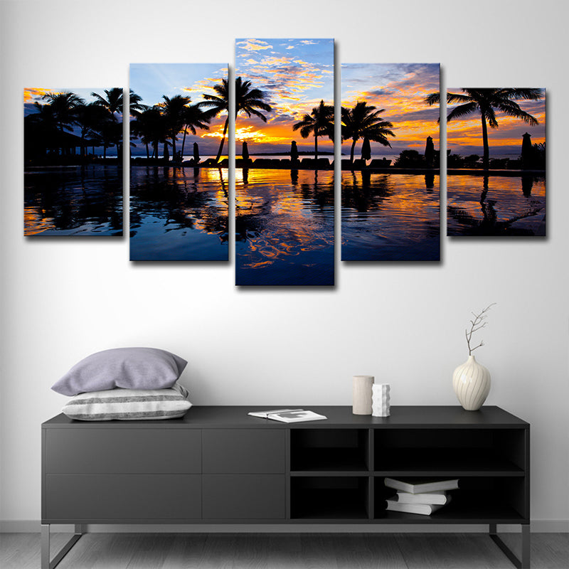 Frendorf | Tropix Sunset Glow Wanddekoration Druck in Orange Palme und Pool Leinwand für Zimmer