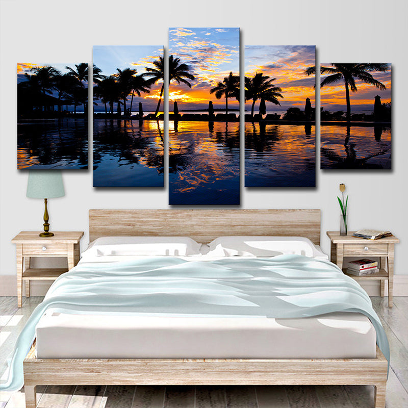 Frendorf | Tropix Sunset Glow Wanddekoration Druck in Orange Palme und Pool Leinwand für Zimmer
