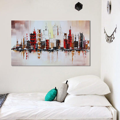 Frendorf | Riverside Metropolis Schilderij Leinwand für Hotel Landschaft Wandkunst in Rot, Strukturiert
