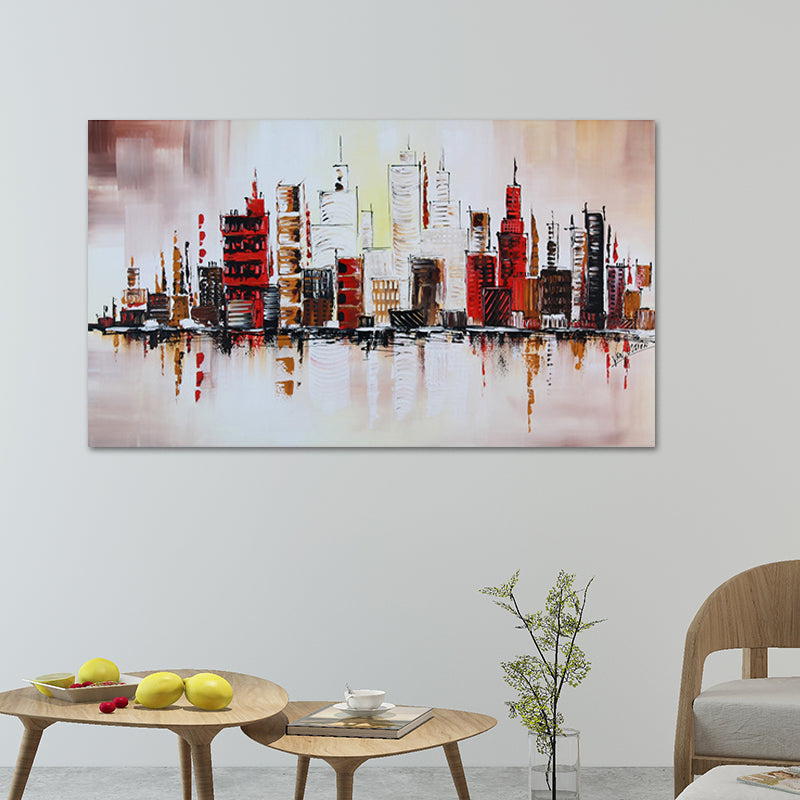 Frendorf | Riverside Metropolis Schilderij Leinwand für Hotel Landschaft Wandkunst in Rot, Strukturiert