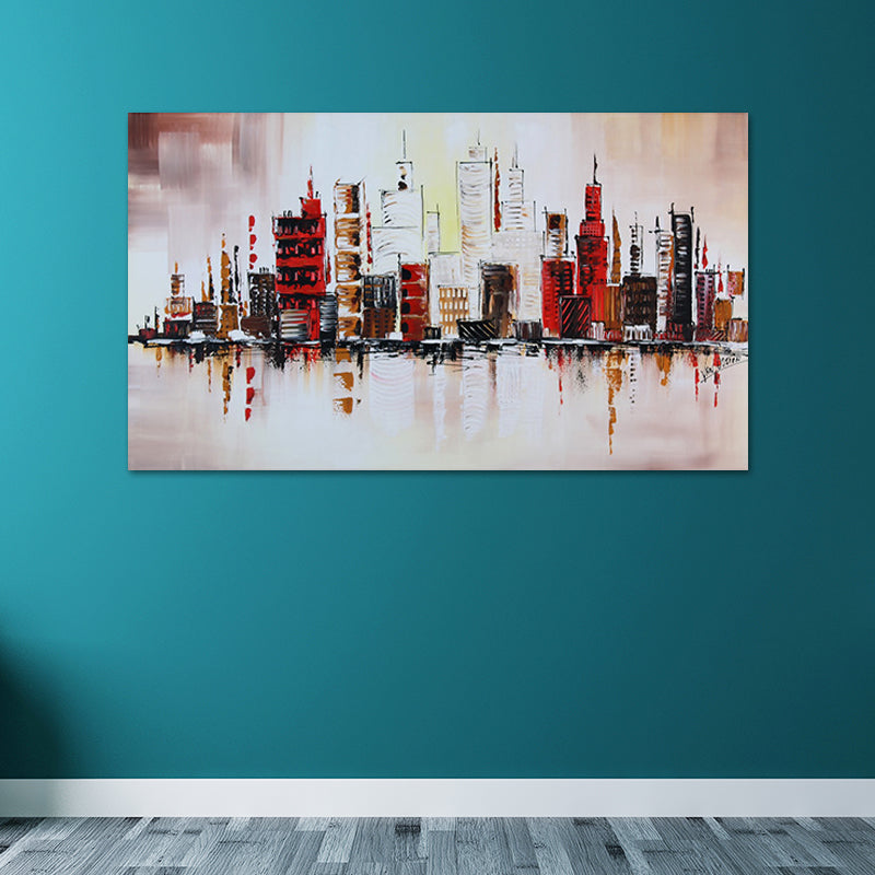 Frendorf | Riverside Metropolis Schilderij Leinwand für Hotel Landschaft Wandkunst in Rot, Strukturiert