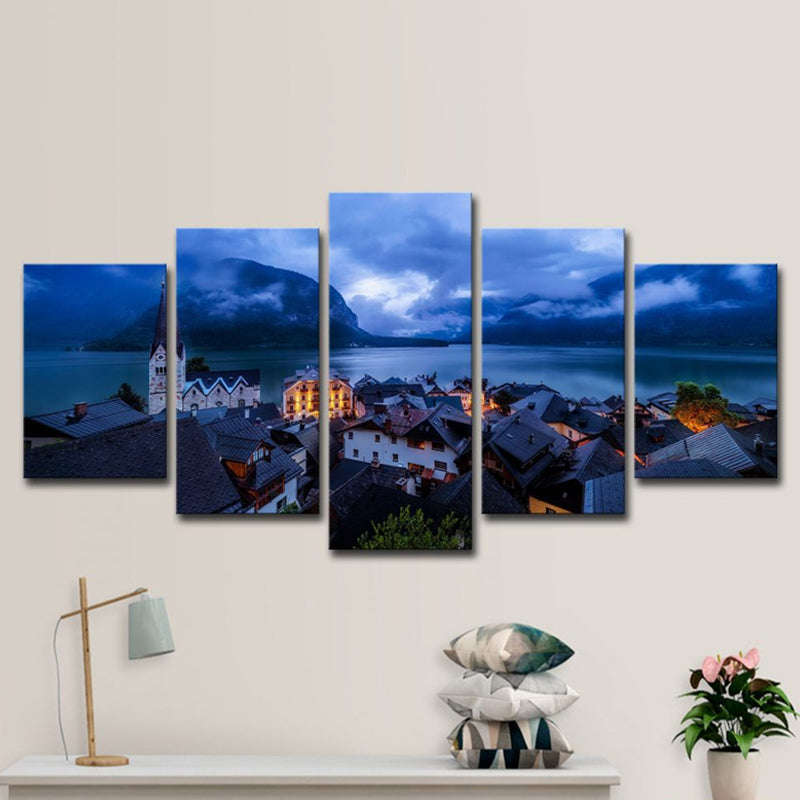 Blaue global inspirierte Leinwanddruck Hallstatt See Stadt Nacht Landschaft Wandkunst Dekor für Zuhause
