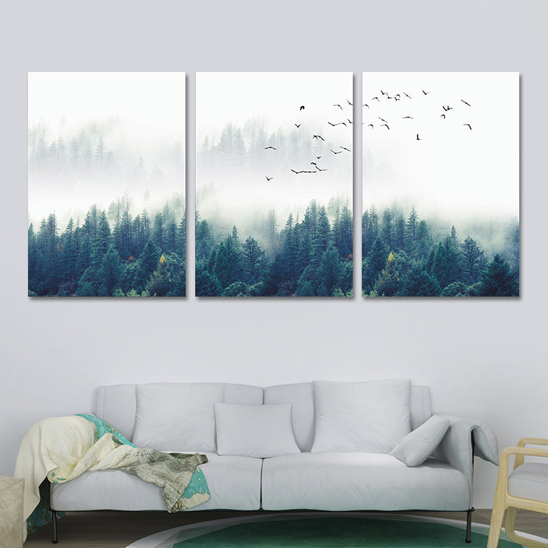 Frendorf | Textured Groene Canvas Print Moderne Vogels Zwijgen Vliegen over Mistige Bos Wanddecoratie Set
