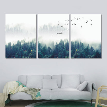 Frendorf | Textured Groene Canvas Print Moderne Vogels Zwijgen Vliegen over Mistige Bos Wanddecoratie Set