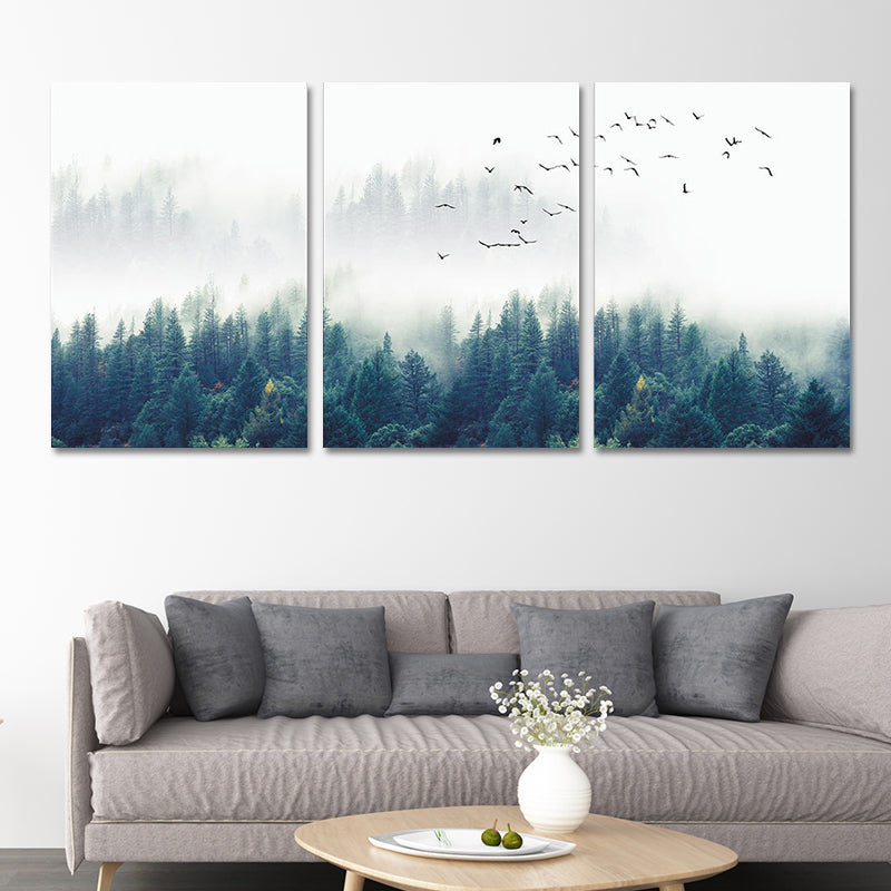 Frendorf | Textured Groene Canvas Print Moderne Vogels Zwijgen Vliegen over Mistige Bos Wanddecoratie Set