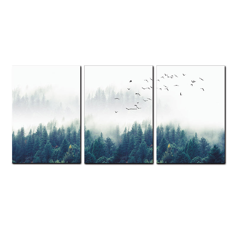 Frendorf | Textured Groene Canvas Print Moderne Vogels Zwijgen Vliegen over Mistige Bos Wanddecoratie Set
