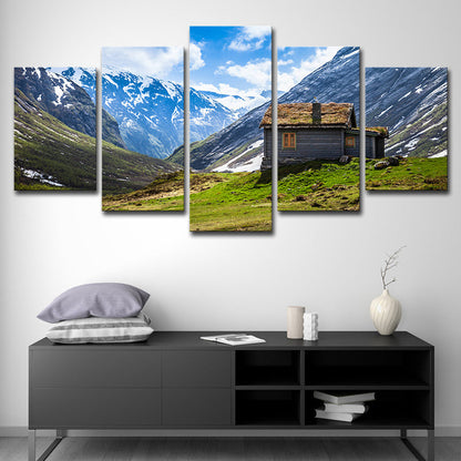 Zeitgenössische Blockhaus-Wandkunst Blaue Tal Landschaft Leinwanddruck für Wohnzimmer