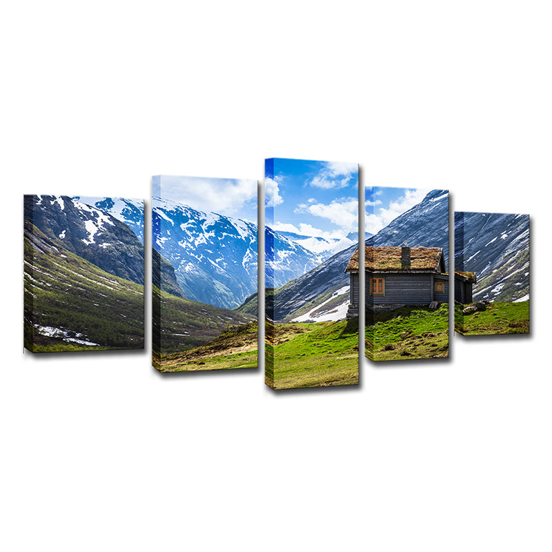 Zeitgenössische Blockhaus-Wandkunst Blaue Tal Landschaft Leinwanddruck für Wohnzimmer