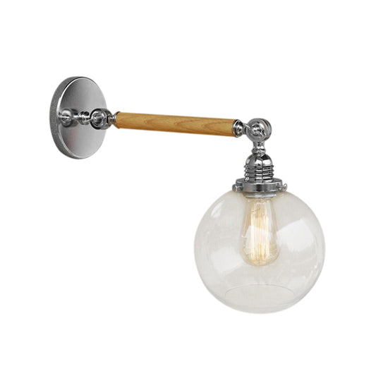 Frendorf | Vintage Orb Wandverlichting Armatuur 1 Lamp Helder Glas Wandlamp in Chroom voor Badkamer, 8"/4"/6" Brede Houten Arm