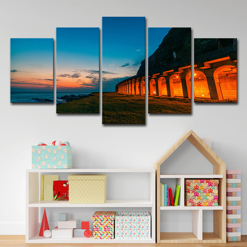 Frendorf | Blaue Sonnenuntergang Landschaft Wandkunst Dekor Gebogen Architektur Modern Mehrteilige Leinwand