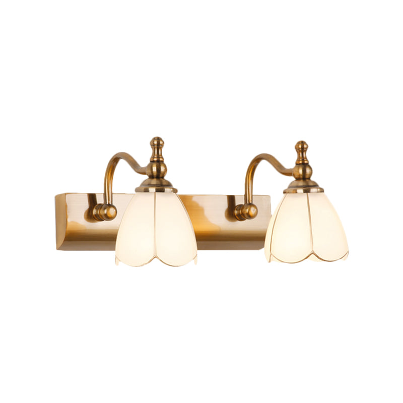 Frendorf | Weißes Glas Messing Vanity Lampe Scalloped 1/2-Licht Rustikaler Stil Wandmontage Beleuchtung mit Gebogenem Arm