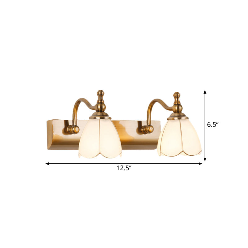 Frendorf | Weißes Glas Messing Vanity Lampe Scalloped 1/2-Licht Rustikaler Stil Wandmontage Beleuchtung mit Gebogenem Arm