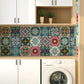 Klebende Fliesen Wandpaneele Boho Ethnisch Quatrefoil Wandkunst in Blau, 4' L x 23.5" B