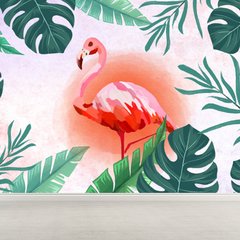 Frendorf | Tropical Leaves and Flamingo Wall Decal Red Dining Room Wall Covering, Personalized