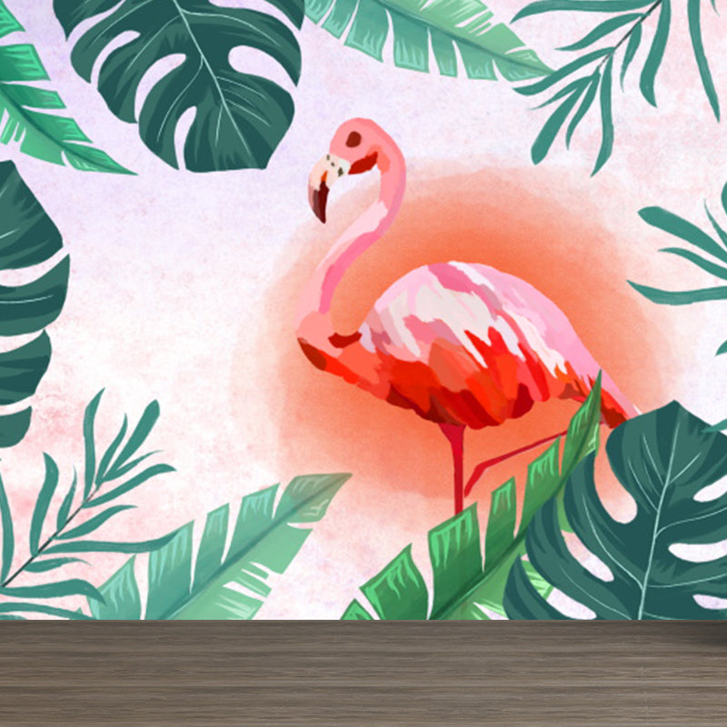 Frendorf | Tropical Leaves and Flamingo Wall Decal Red Dining Room Wall Covering, Personalized