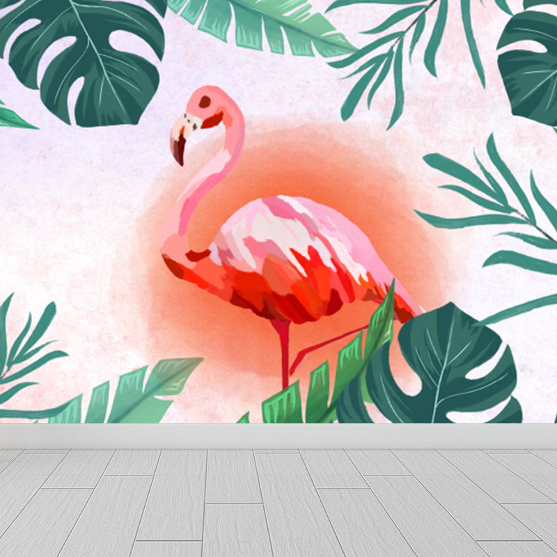 Frendorf | Tropical Leaves and Flamingo Wall Decal Red Dining Room Wall Covering, Personalized