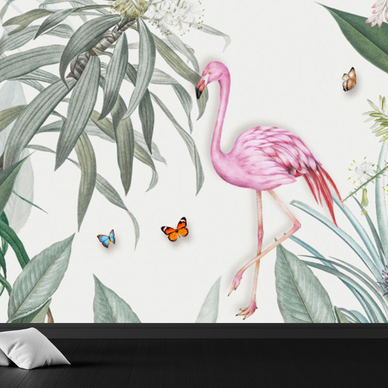 Frendorf | Staande Flamingo en Bloem Muur Decal Tropische Niet-Geweven Wandbedekking in Roze