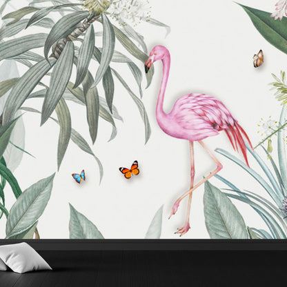 Frendorf | Staande Flamingo en Bloem Muur Decal Tropische Niet-Geweven Wandbedekking in Roze