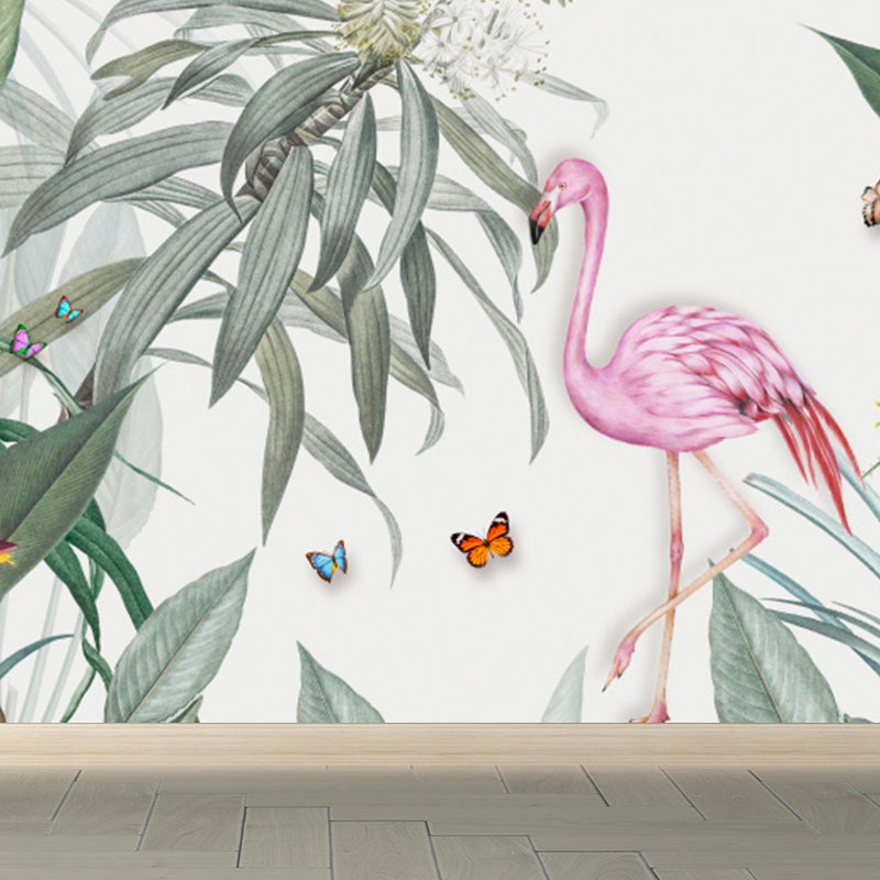 Frendorf | Staande Flamingo en Bloem Muur Decal Tropische Niet-Geweven Wandbedekking in Roze