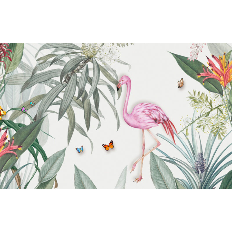 Frendorf | Staande Flamingo en Bloem Muur Decal Tropische Niet-Geweven Wandbedekking in Roze