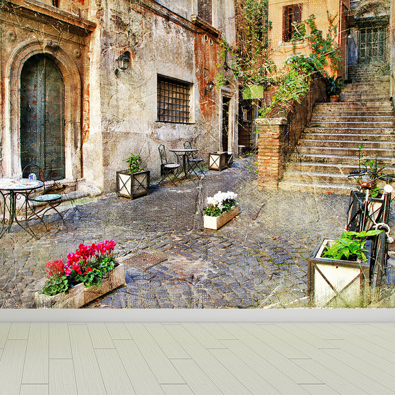 Frendorf | Beige Blumen und Häuser Wandgemälde Feuchtigkeitsbeständige Zeitgenössische Badezimmerwandverkleidung