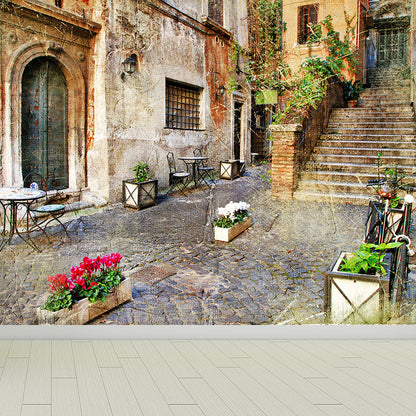 Frendorf | Beige Blumen und Häuser Wandgemälde Feuchtigkeitsbeständige Zeitgenössische Badezimmerwandverkleidung