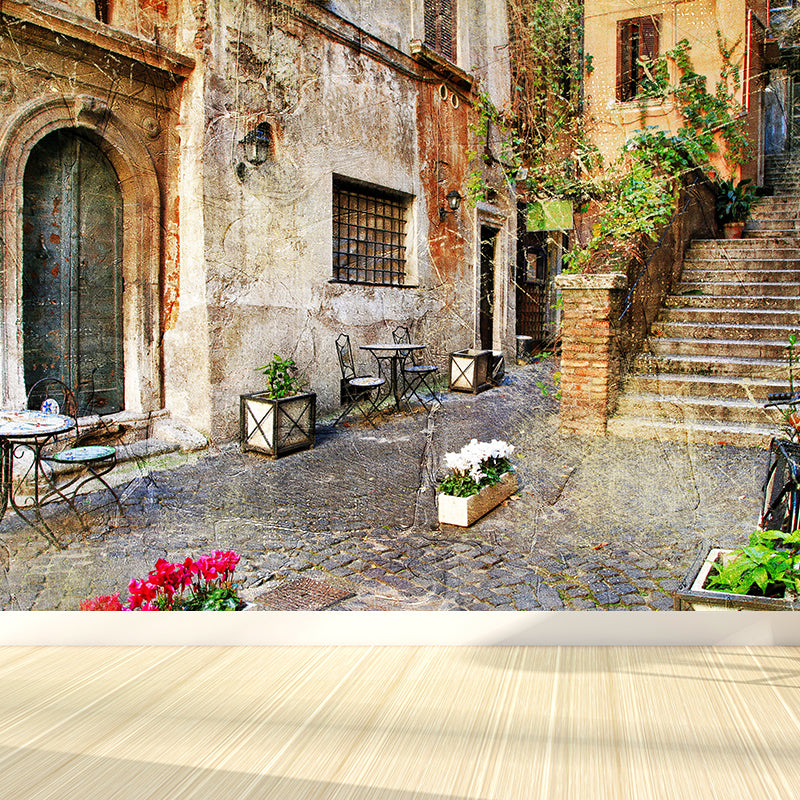 Frendorf | Beige Blumen und Häuser Wandgemälde Feuchtigkeitsbeständige Zeitgenössische Badezimmerwandverkleidung