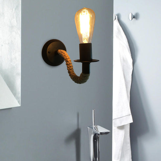 Frendorf | Exposed Bulb Gang Wandleuchte mit Gebogenem Arm Industrieseil und Metall 1 Licht Schwarz Wandbeleuchtung