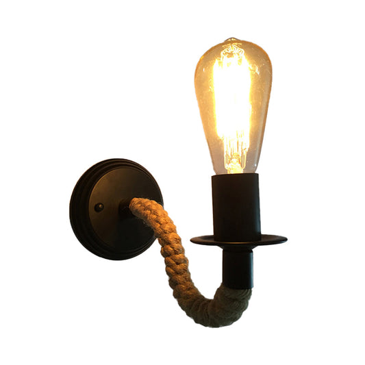Frendorf | Exposed Bulb Gang Wandleuchte mit Gebogenem Arm Industrieseil und Metall 1 Licht Schwarz Wandbeleuchtung