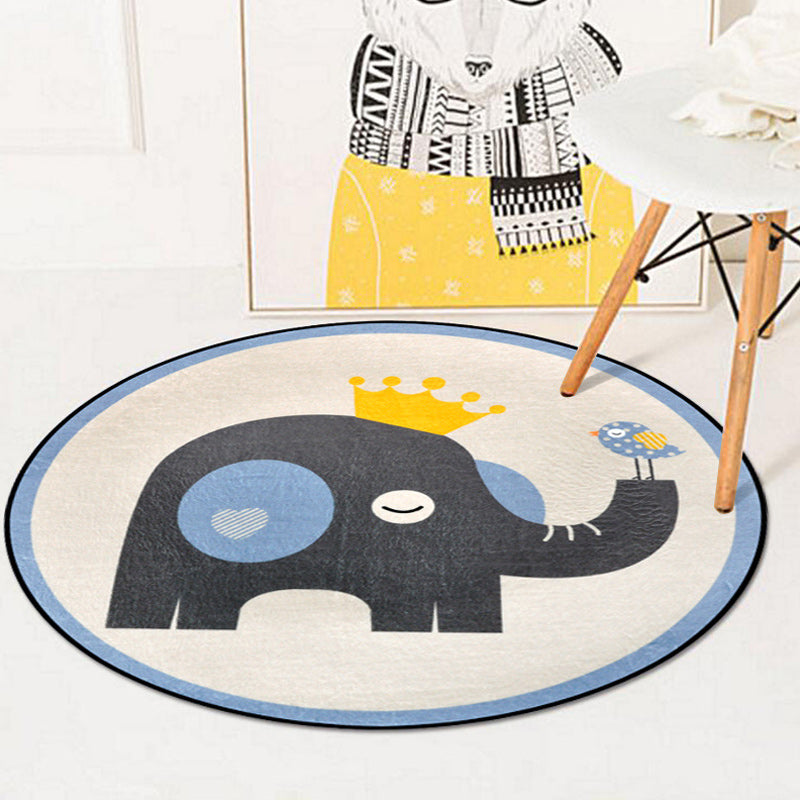 Frendorf | Blauwe en Ivoor Kinderkamer Tapijt Kinderen Dier Konijn Uil Olifant Pinguïn Patroon Gebied Tapijt Polyester Wasbaar Vloerkleed
