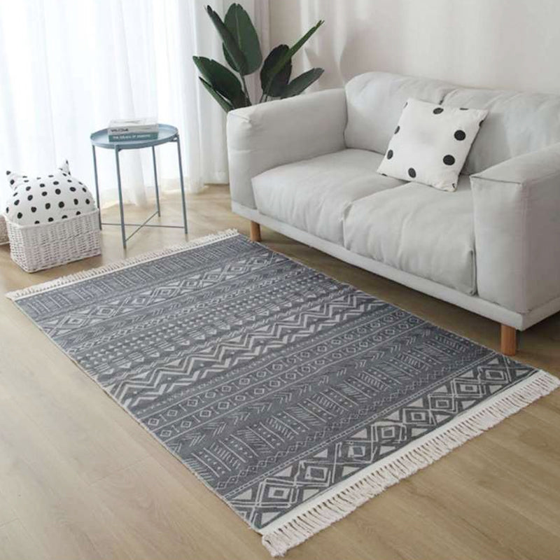 Americana Tribal Muster Teppich Schwarz und Weiß Leinen Teppich Maschinenwaschbar Fransen Bereichsteppich für Schlafzimmer